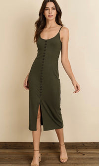 LISA RIBBED BUTTON-FRONT MIDI DRESS